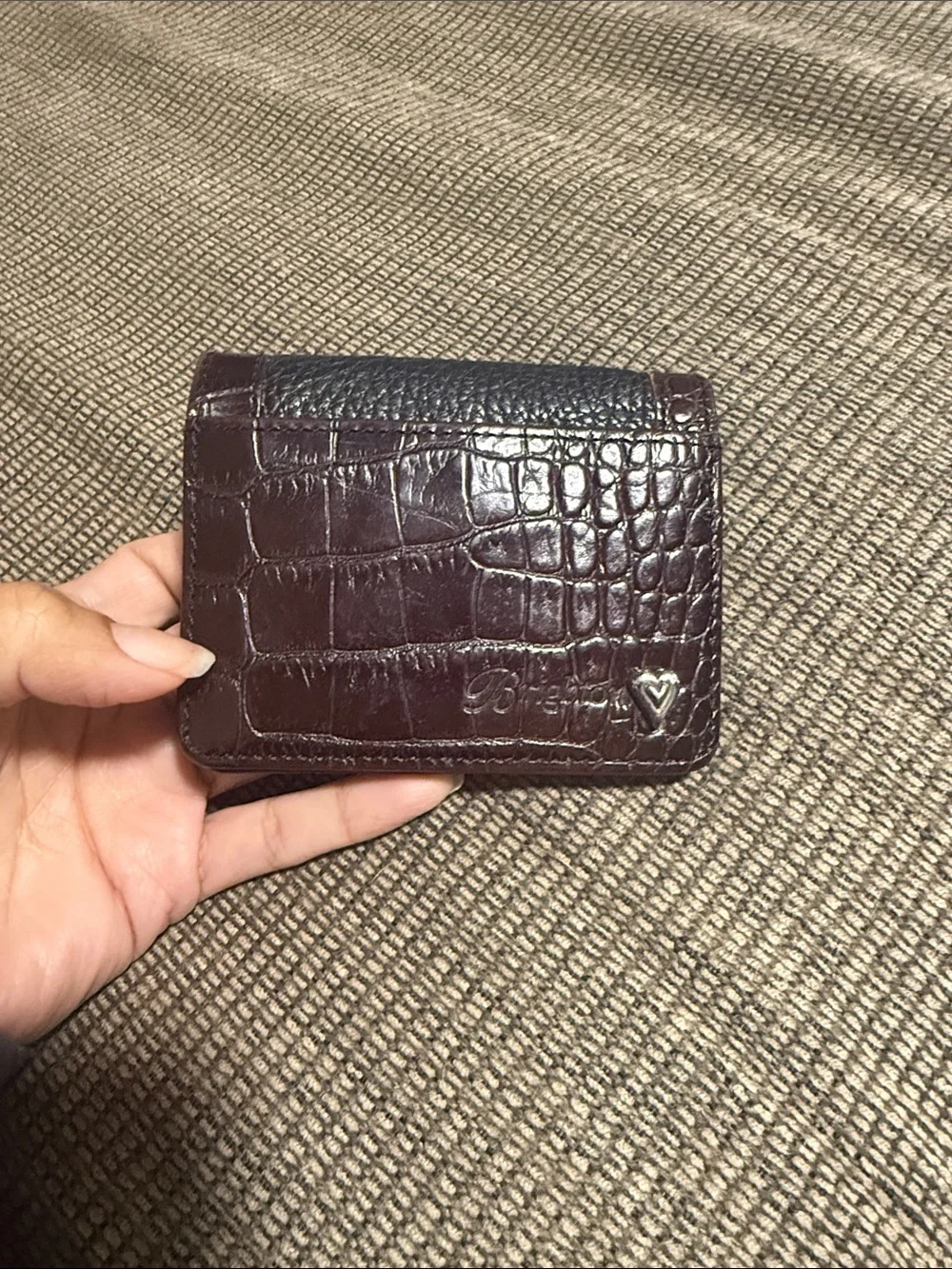 Brighton Black Pebbled Leather Card Case with Brown Trim & Heart Medallion